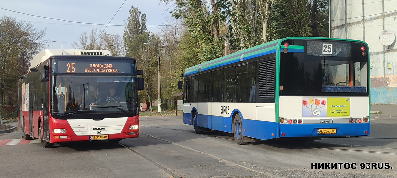 Dnepropetrovsk region, MAN A21 Lion's City NL313 CNG # AE 3130 AB; Dnepropetrovsk region, Solaris Urbino III 12 # AE 2643 AB; Dnepropetrovsk region — Miscellaneous photos